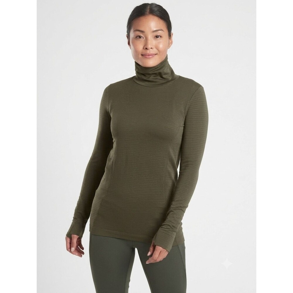 Athleta Flurry Blizzard Rib Turtleneck Size M Peat Green Olive Seamless